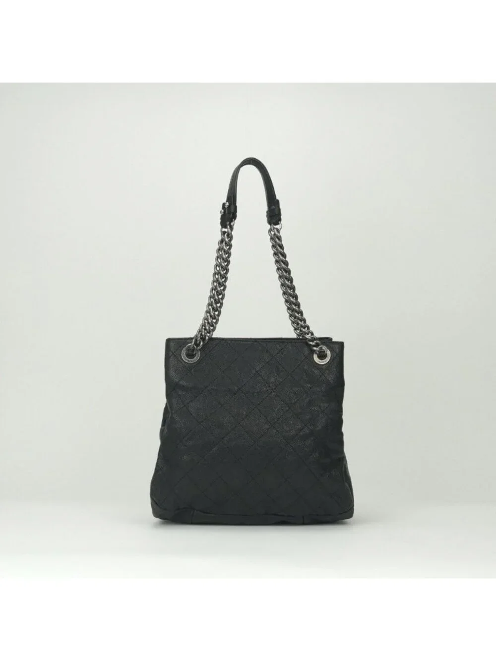 Chanel Quilted Tote Shoulder Bag Caviar Leather Black Silver Chain